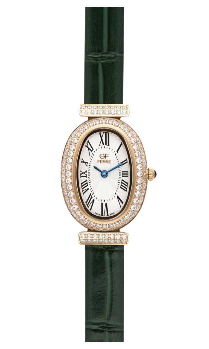 GF Ferre- Ladies- GP Case- White Dial- Green Leather Strap- CZ - Image 1