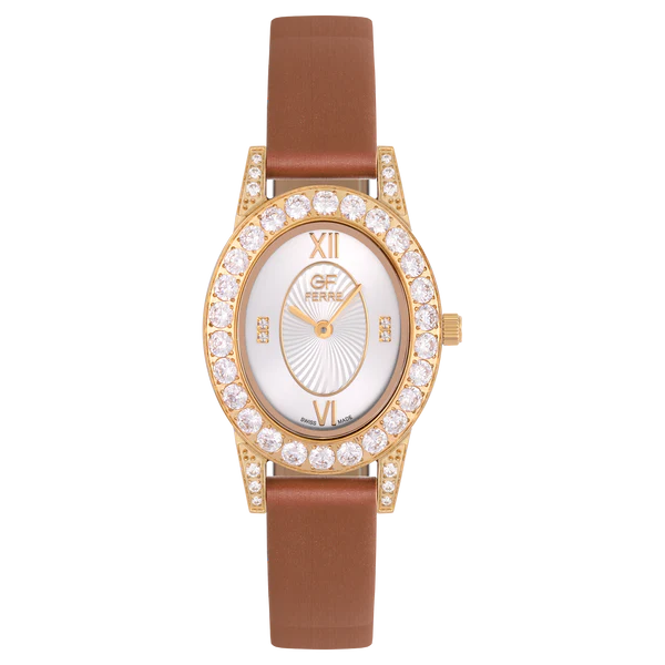 GFGPGY8017LZ.webp GF Ferre- Ladies- GP Case- White Dial- Brown Leather Strap- CZ - Image 1