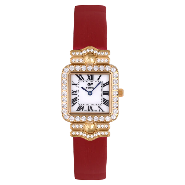 GFGPRD8052LZ.webp GF Ferre- Ladies- GP Case- White Dial- Red Leather Strap- CZ - Image 1