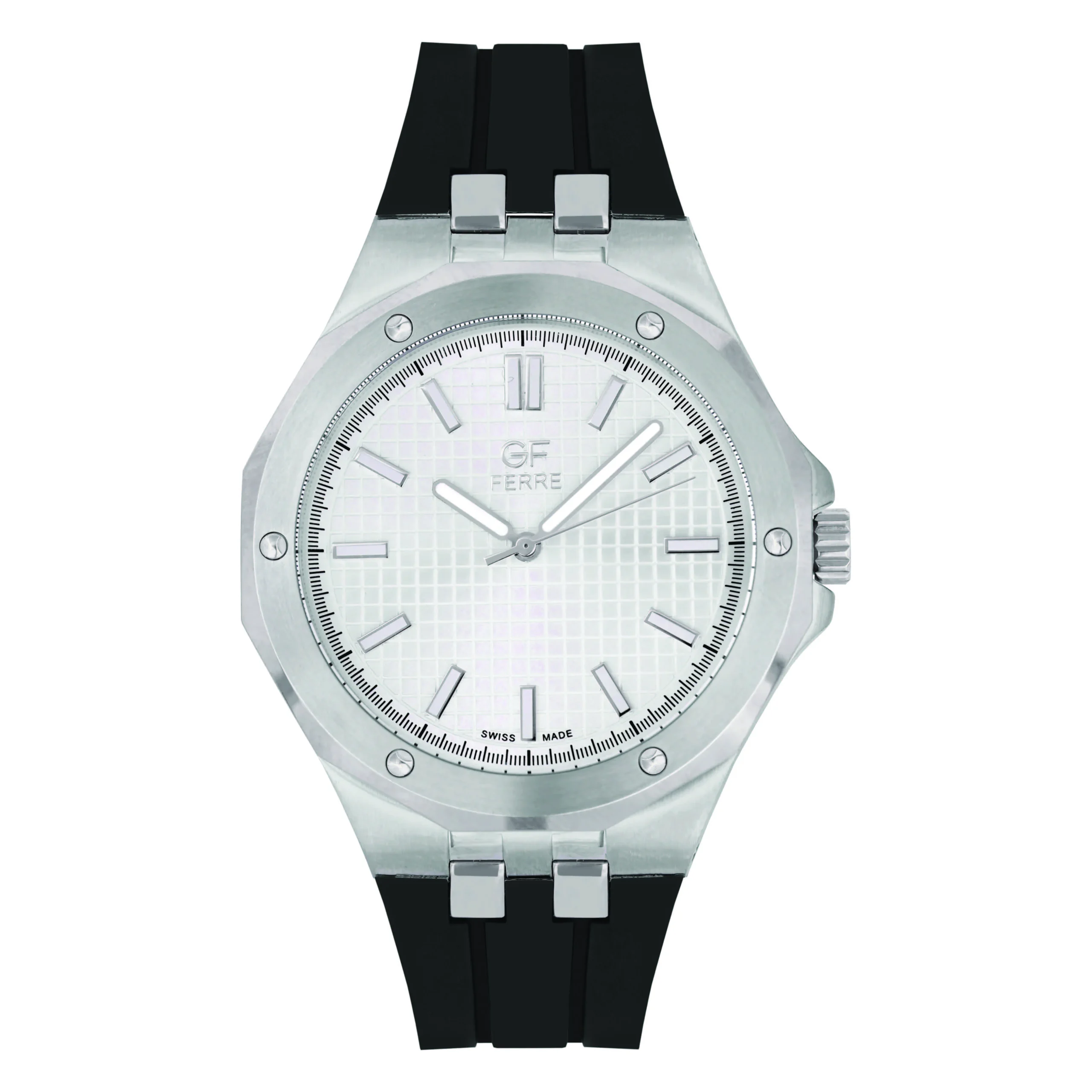 GFSS8161G.webp GF Ferre- Gents- SS Case- White Dial- Black Rubber Strap - Image 1