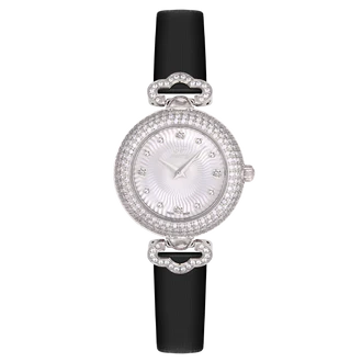GF Ferre- Ladies- SS Case- MOP Dial- Black Leather Strap- CZ