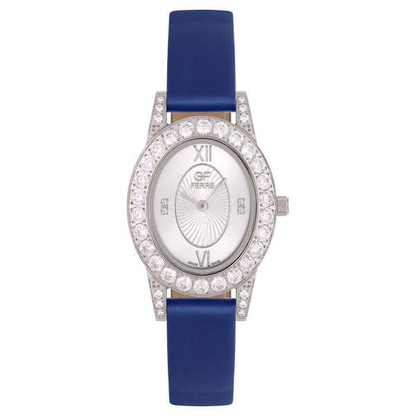 GFSSBL8017LZ.webp GF Ferre- Ladies- SS Case- White Dial- Dark Blue Leather Strap- CZ - Image 1