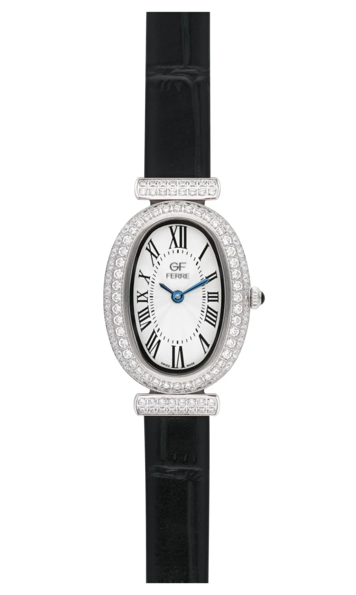 GF Ferre- Ladies- SS Case- White Dial- Black Leather Strap- CZ - Image 1