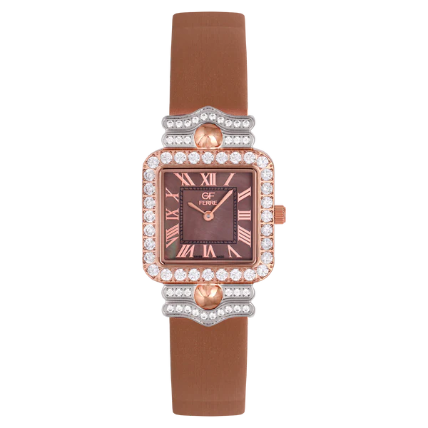 GFTRGY8052LZ.webp GF Ferre- Ladies- TTRG Case- Brown Dial- Brown Leather Strap- CZ - Image 1